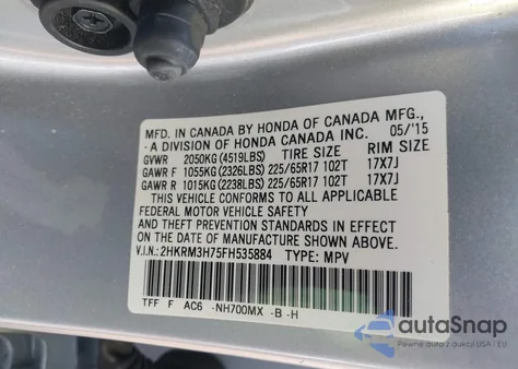 2015 Honda Cr-V Ex-L z USA, uszkodzony, nr VIN 2HKRM3H75FH535884